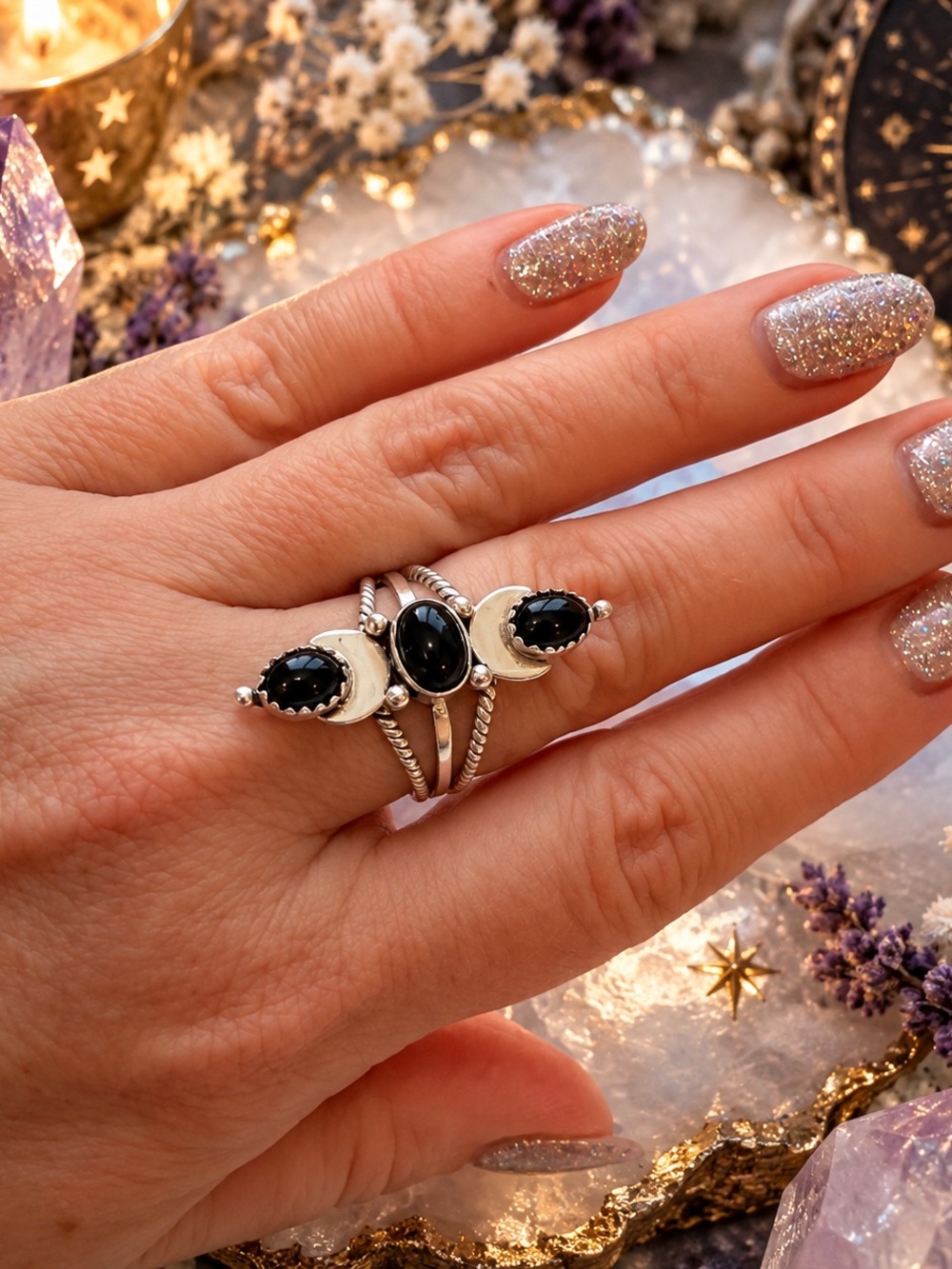 Black Onyx Sterling Silver Triple Moon Ring Adjustable